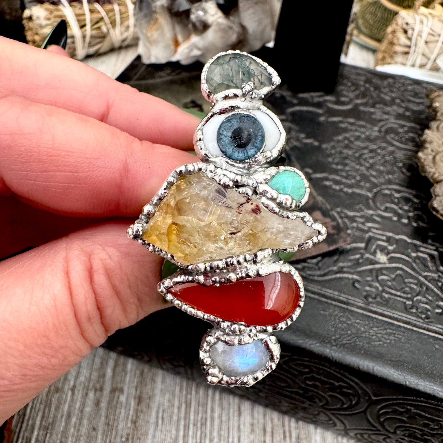 Multi Stone Moss Agate Glass Eye Turquoise Citrine Carnelian & Rainbow Moonstone Ring In Fine Silver Size 8 / Foxlark Collection