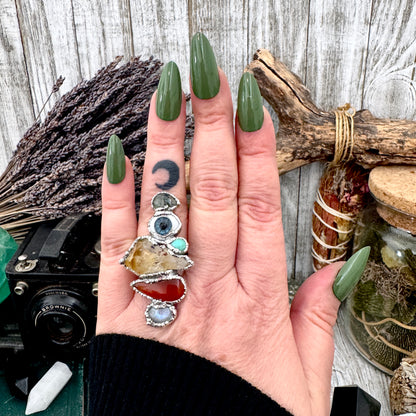 Multi Stone Moss Agate Glass Eye Turquoise Citrine Carnelian & Rainbow Moonstone Ring In Fine Silver Size 8 / Foxlark Collection