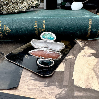 Multi Stone Moss Agate Peach Moonstone Clear Quartz & Turquoise Ring In Fine Silver Size 7 / Foxlark Collection