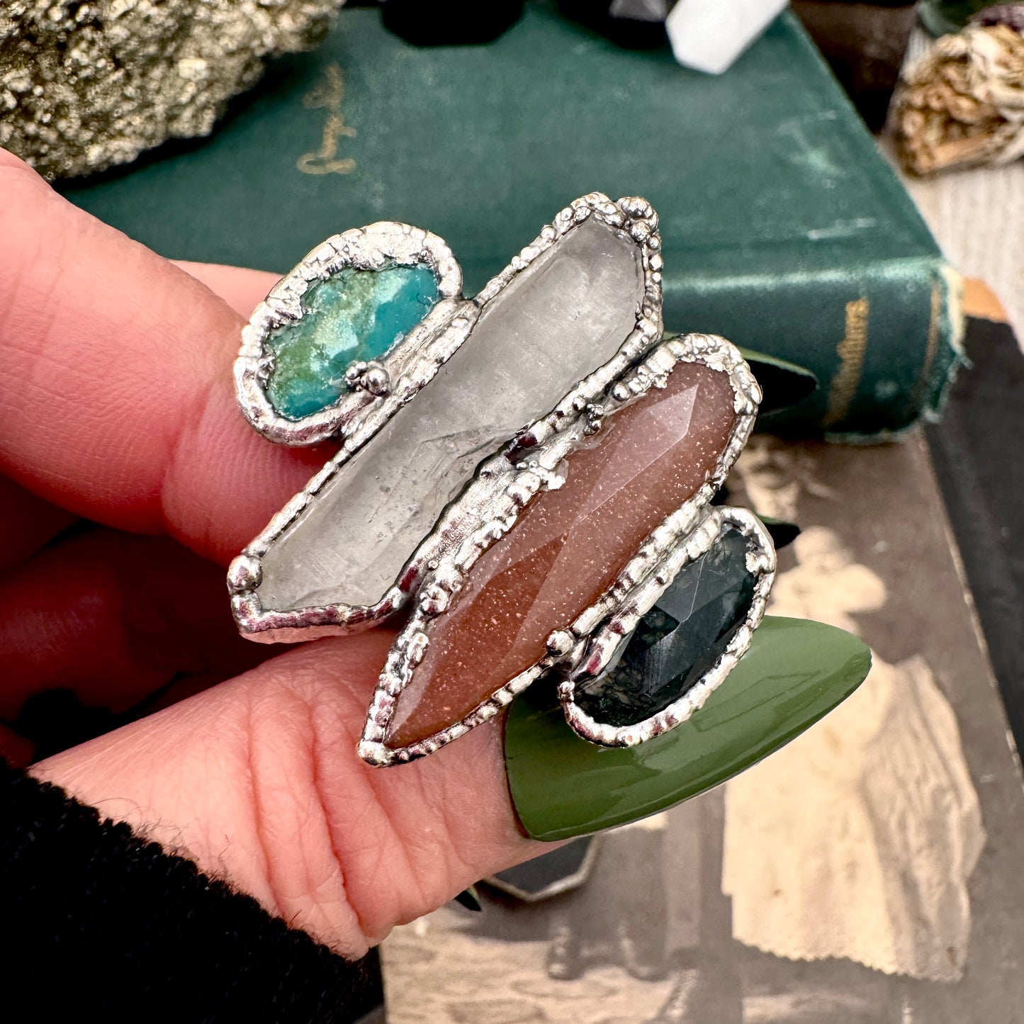 Multi Stone Moss Agate Peach Moonstone Clear Quartz & Turquoise Ring In Fine Silver Size 7 / Foxlark Collection