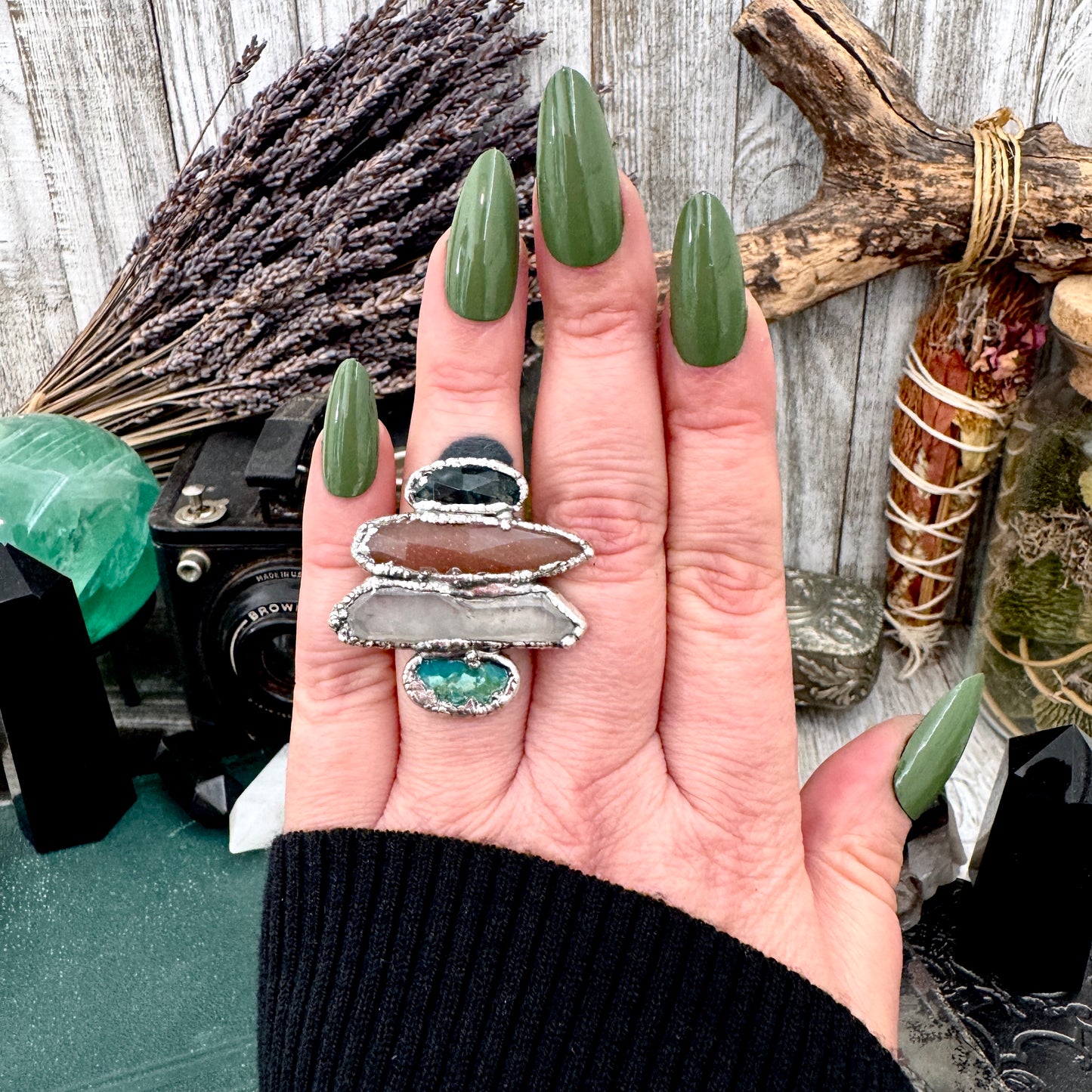 Multi Stone Moss Agate Peach Moonstone Clear Quartz & Turquoise Ring In Fine Silver Size 7 / Foxlark Collection