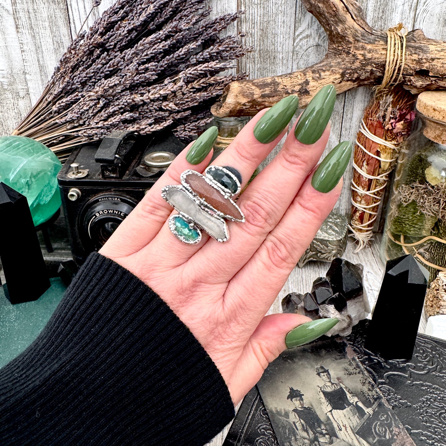 Multi Stone Moss Agate Peach Moonstone Clear Quartz & Turquoise Ring In Fine Silver Size 7 / Foxlark Collection