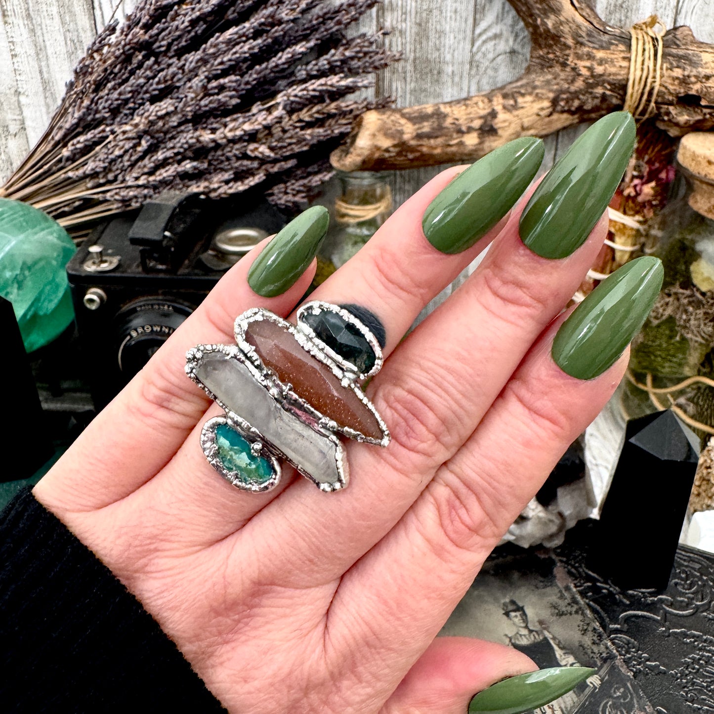 Multi Stone Moss Agate Peach Moonstone Clear Quartz & Turquoise Ring In Fine Silver Size 7 / Foxlark Collection