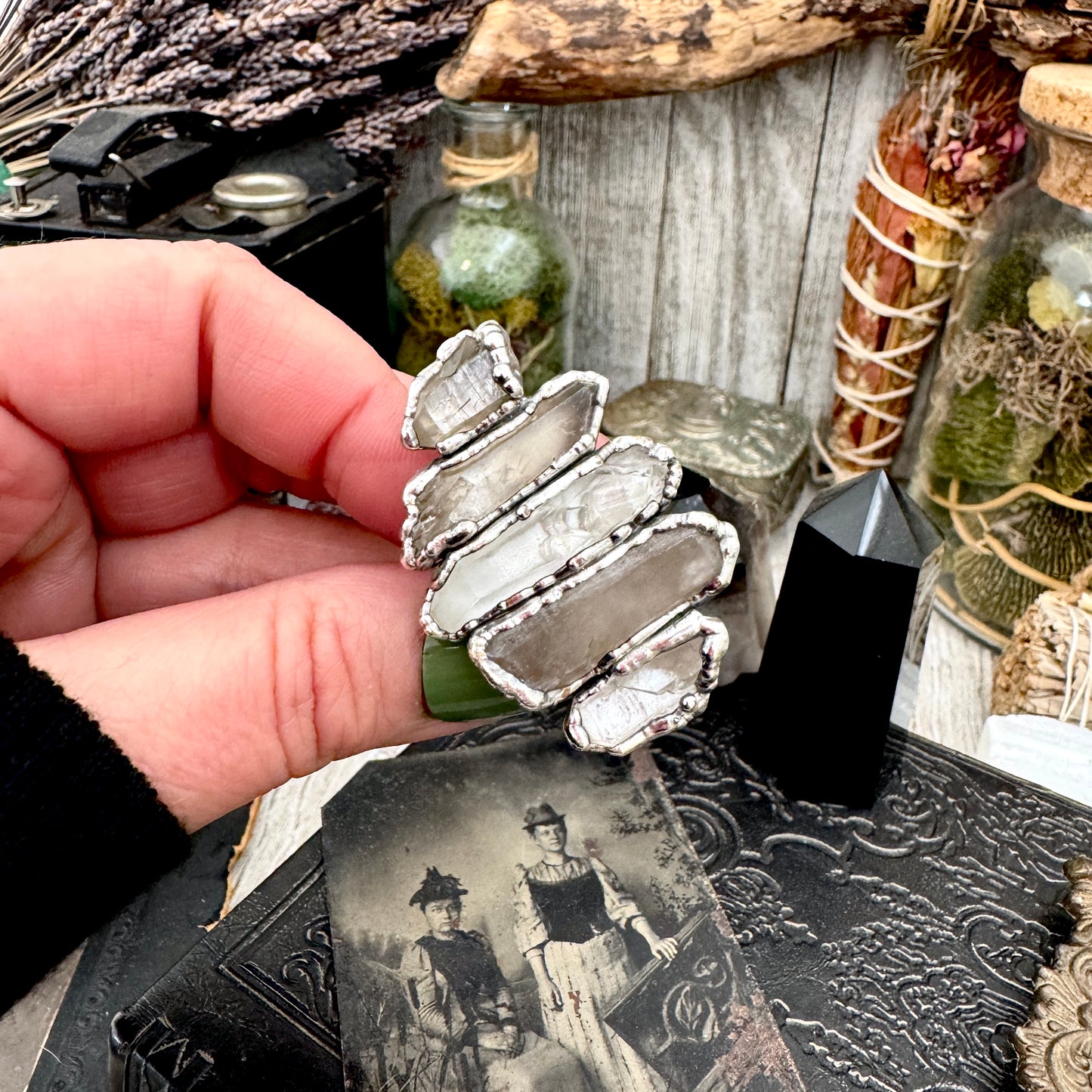 Multi Stone Clear Quartz & Smoky Quartz Ring In Fine Silver Size 9 / Foxlark Collection