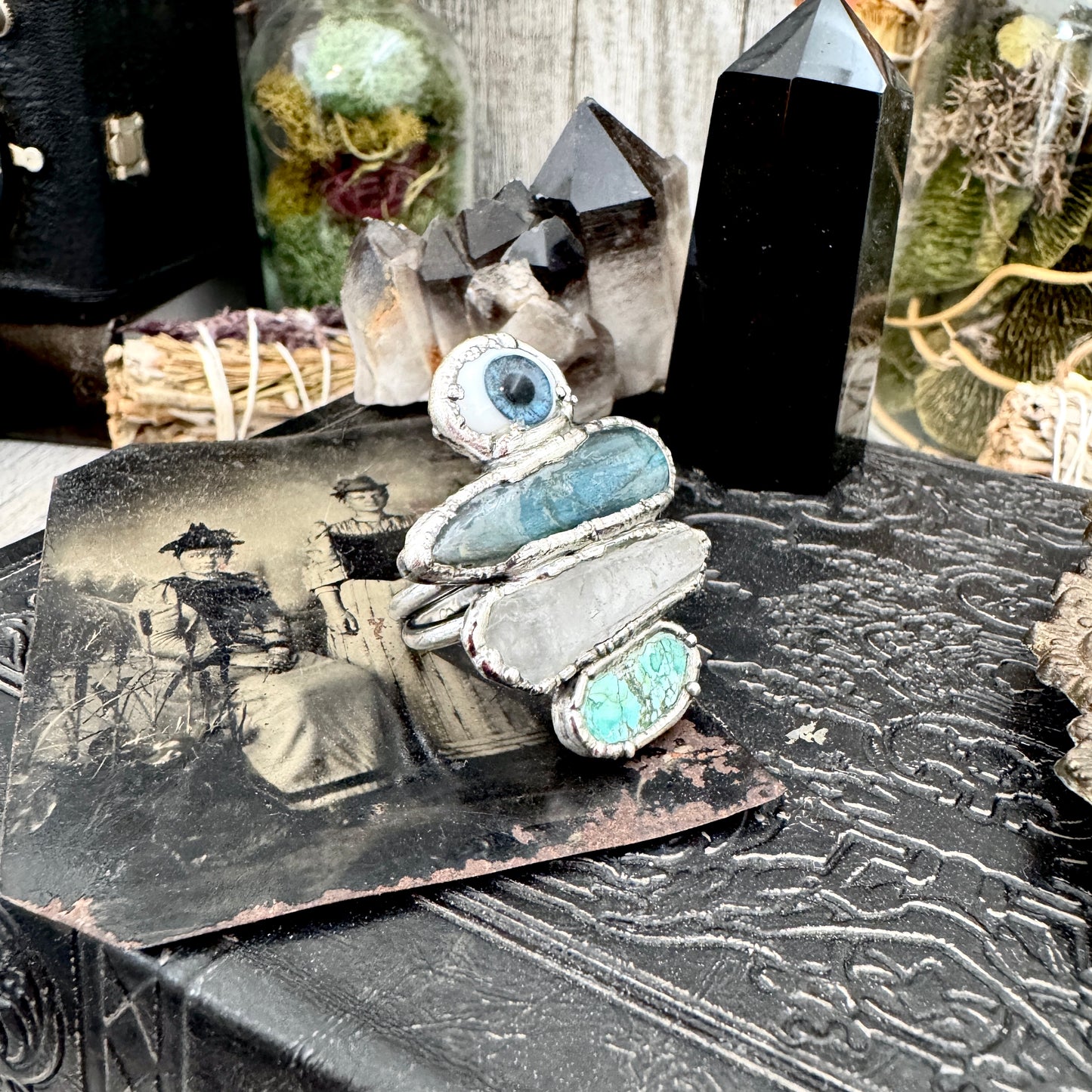 Multi Stone Glass Eye Labradorite Clear Quartz & Turquoise Ring In Fine Silver Size 9 / Foxlark Collection