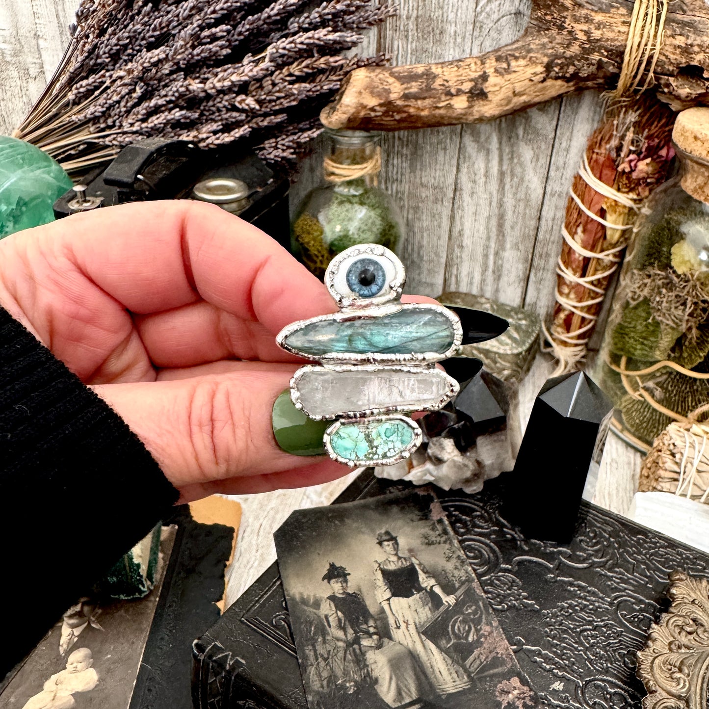 Multi Stone Glass Eye Labradorite Clear Quartz & Turquoise Ring In Fine Silver Size 9 / Foxlark Collection
