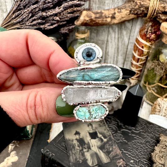 Multi Stone Glass Eye Labradorite Clear Quartz & Turquoise Ring In Fine Silver Size 9 / Foxlark Collection