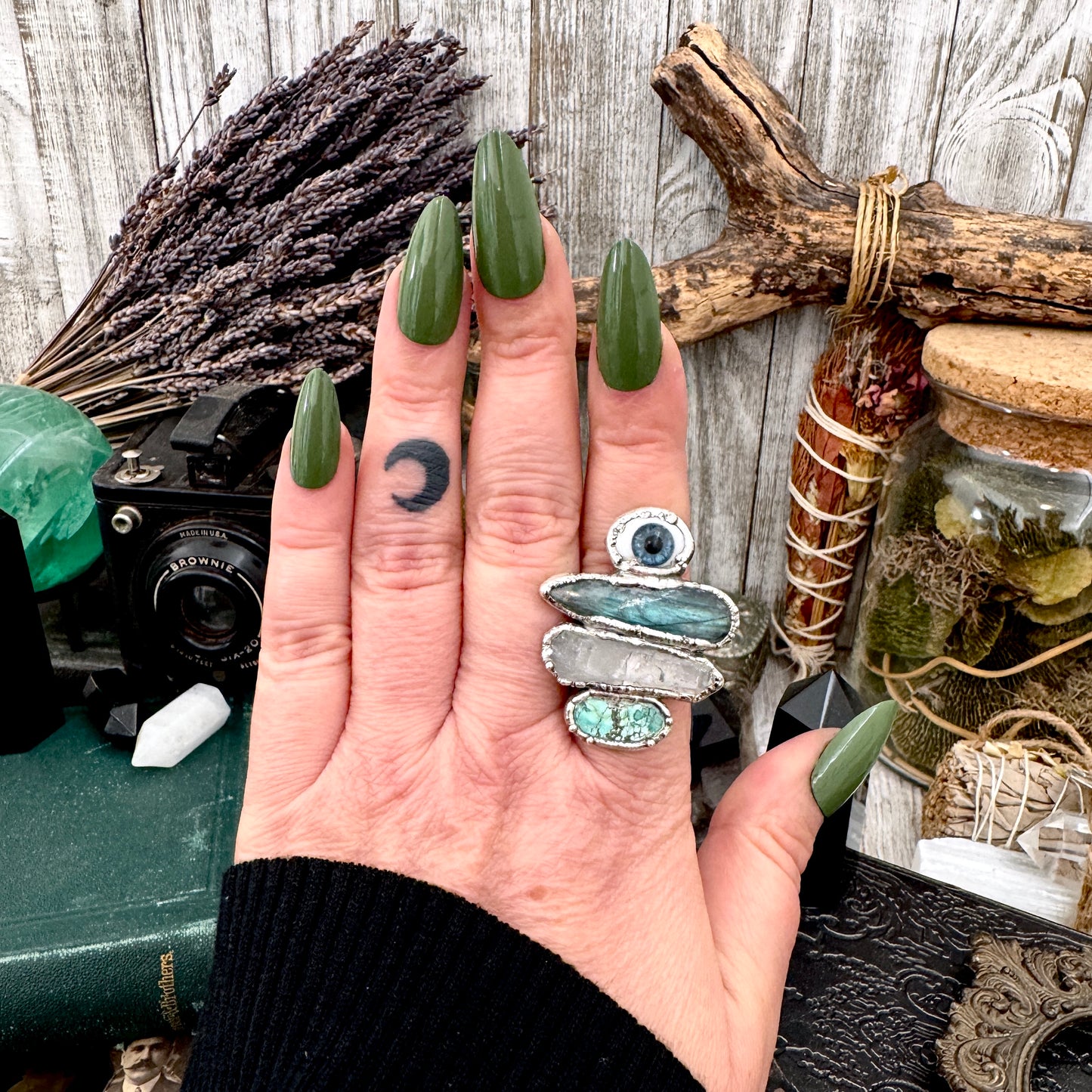 Multi Stone Glass Eye Labradorite Clear Quartz & Turquoise Ring In Fine Silver Size 9 / Foxlark Collection