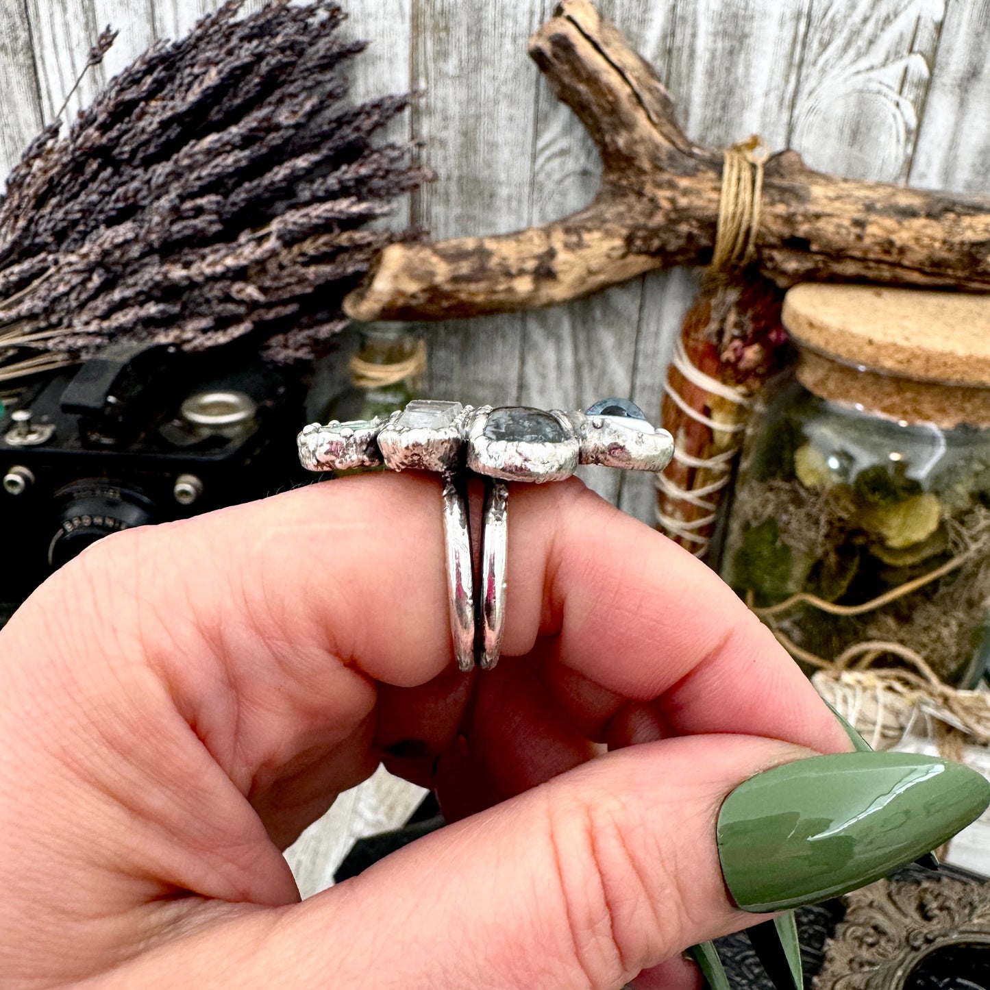 Multi Stone Glass Eye Labradorite Clear Quartz & Turquoise Ring In Fine Silver Size 9 / Foxlark Collection