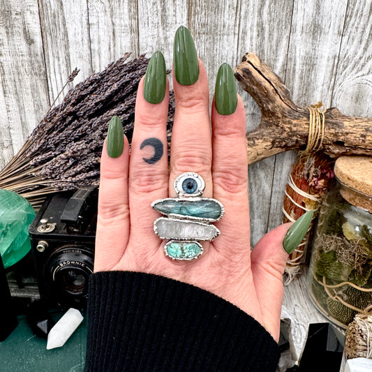 Multi Stone Glass Eye Labradorite Clear Quartz & Turquoise Ring In Fine Silver Size 9 / Foxlark Collection