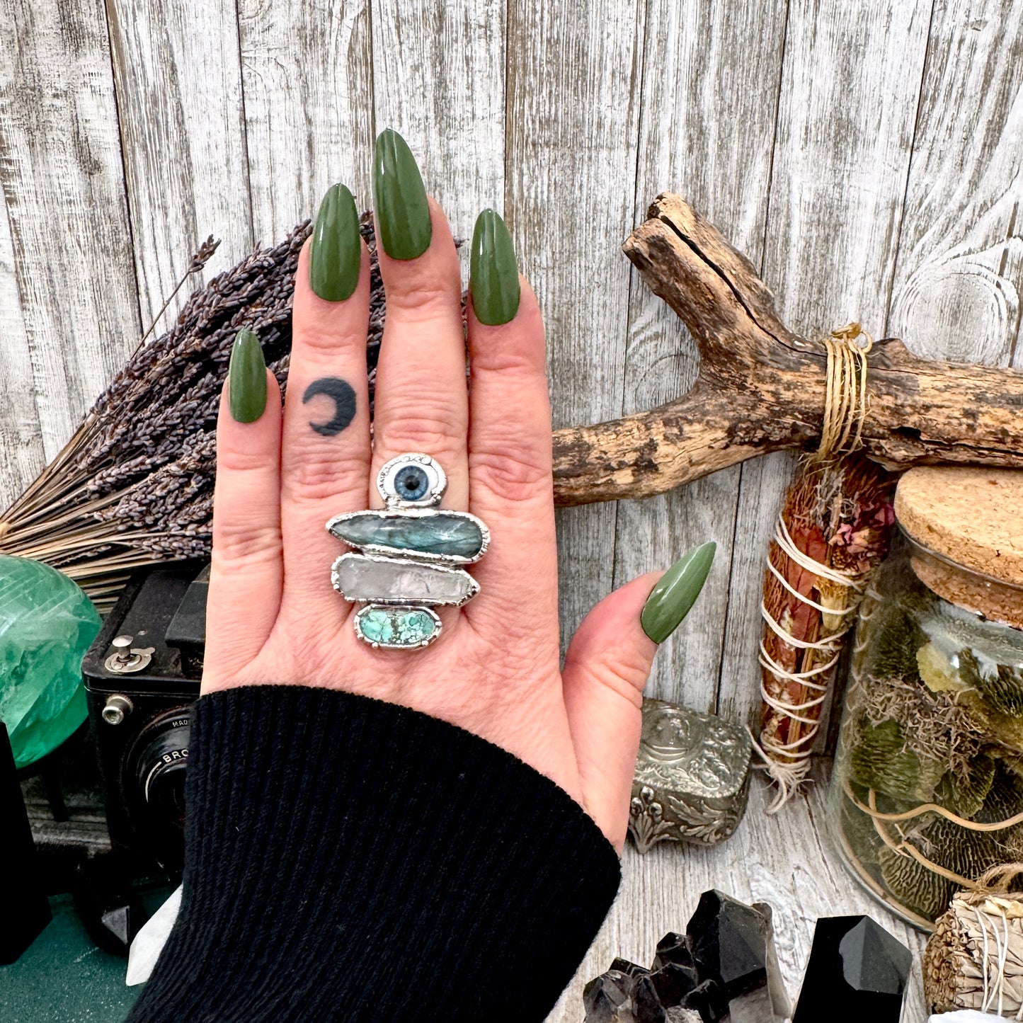 Multi Stone Glass Eye Labradorite Clear Quartz & Turquoise Ring In Fine Silver Size 9 / Foxlark Collection
