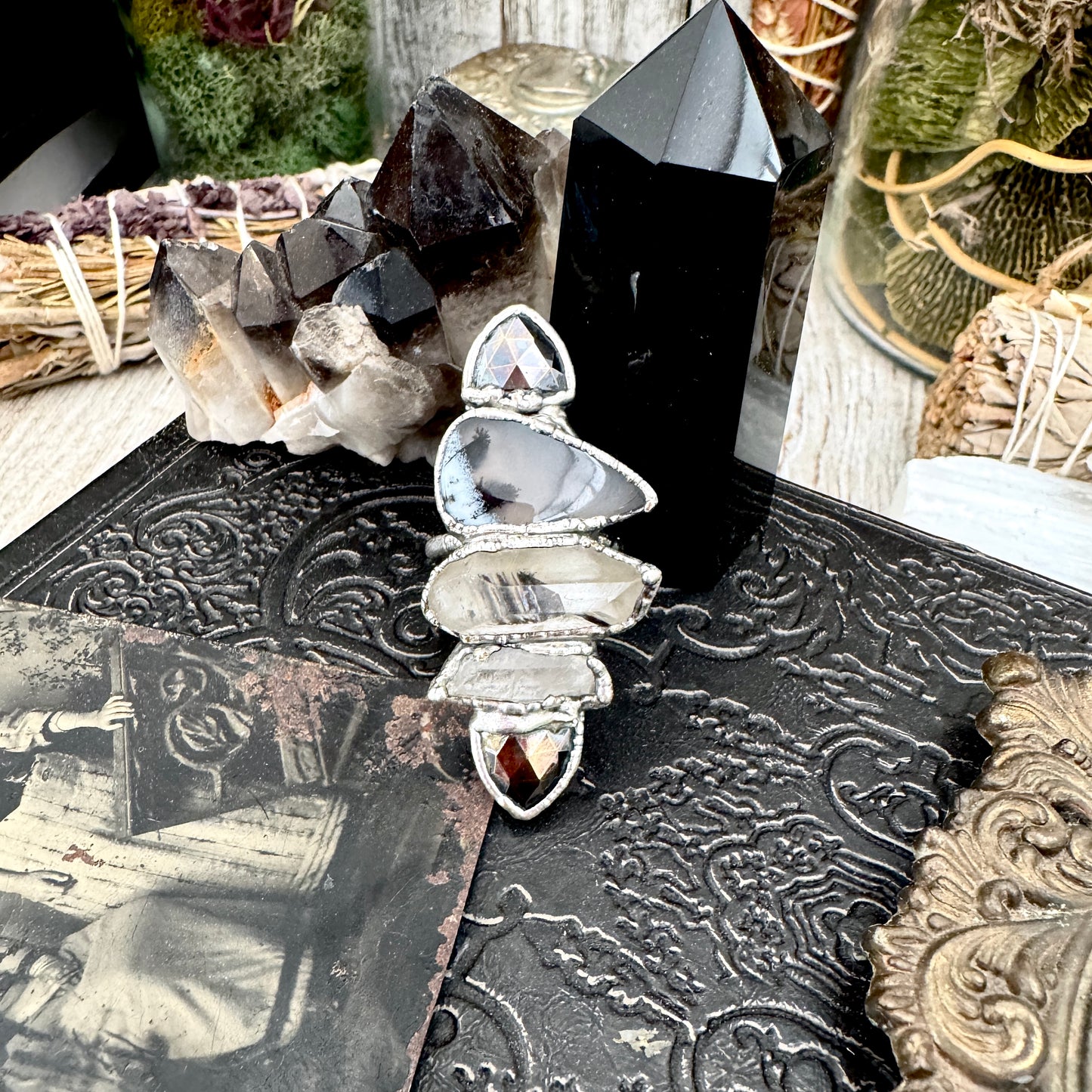 Multi Stone Pyrite Clear Quartz Garden Quartz & Dendritic Agate Ring In Fine Silver Size 8 / Foxlark Collection