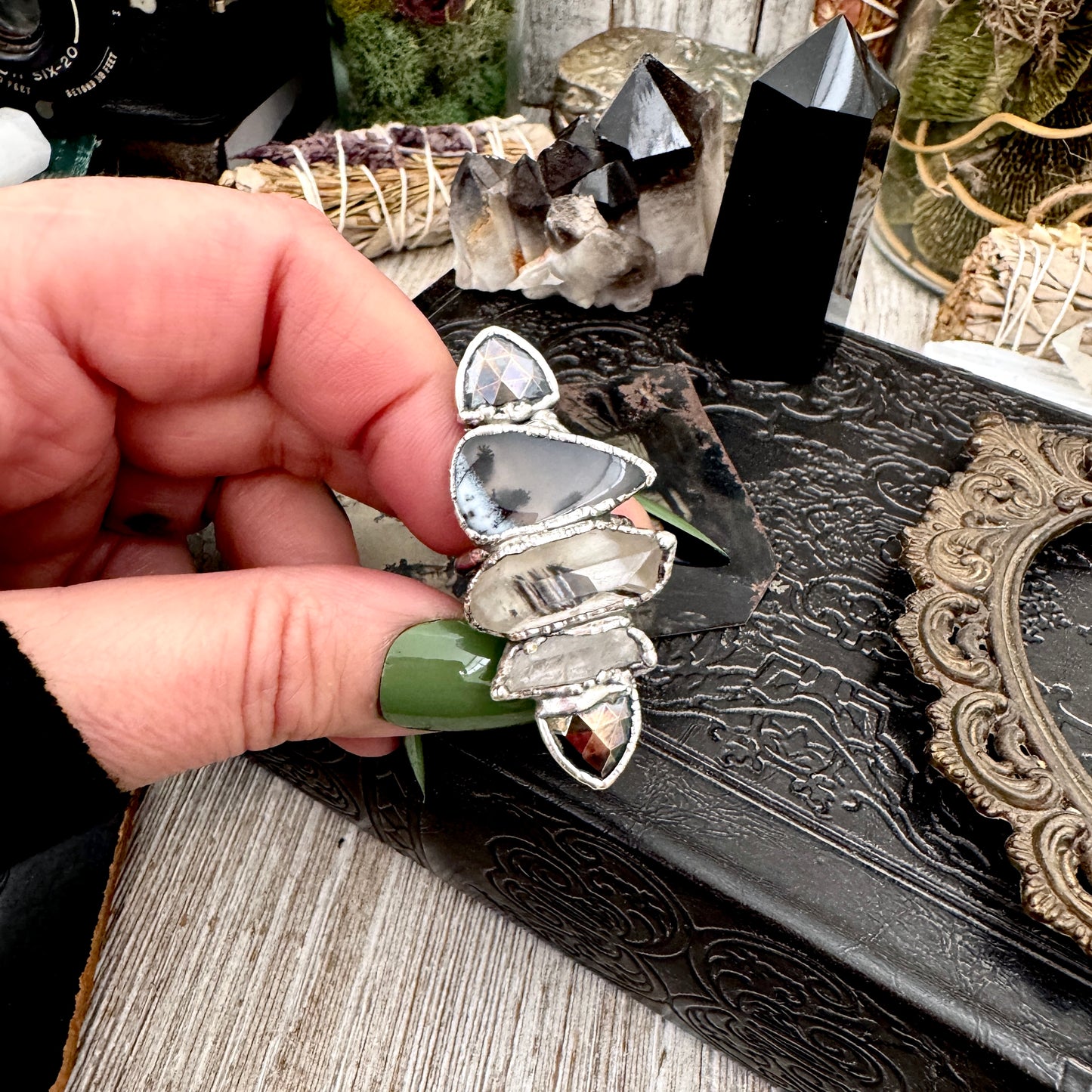 Multi Stone Pyrite Clear Quartz Garden Quartz & Dendritic Agate Ring In Fine Silver Size 8 / Foxlark Collection