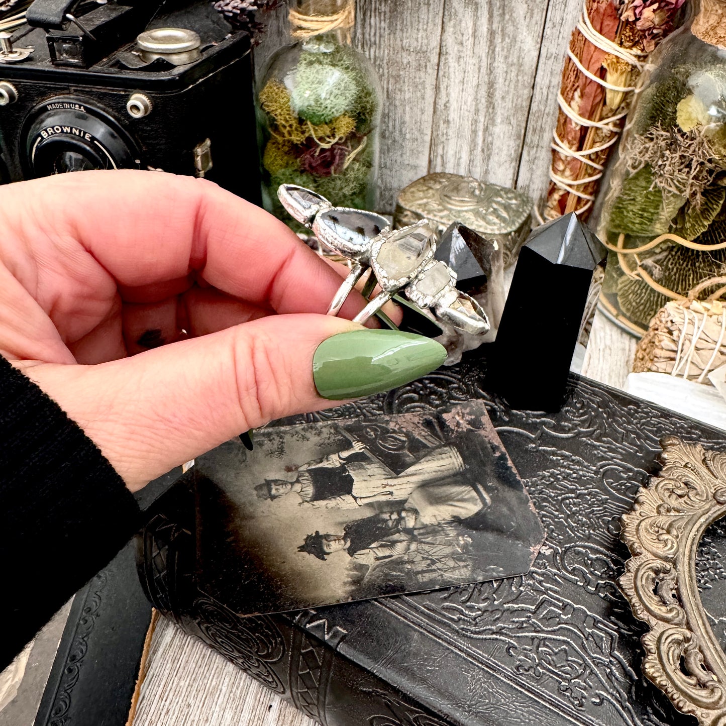 Multi Stone Pyrite Clear Quartz Garden Quartz & Dendritic Agate Ring In Fine Silver Size 8 / Foxlark Collection