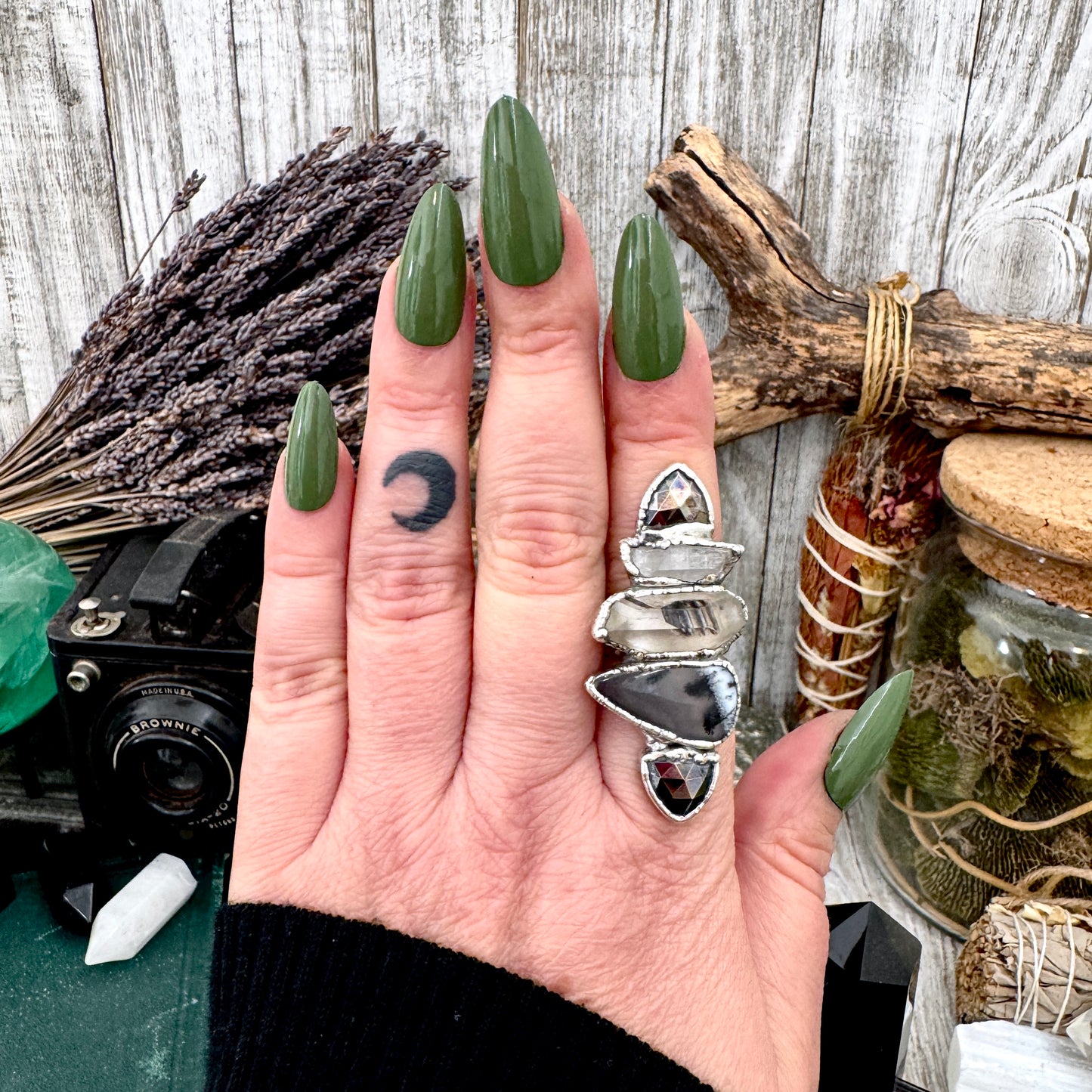 Multi Stone Pyrite Clear Quartz Garden Quartz & Dendritic Agate Ring In Fine Silver Size 8 / Foxlark Collection