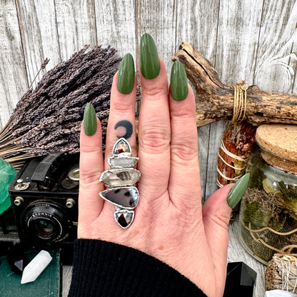 Multi Stone Pyrite Clear Quartz Garden Quartz & Dendritic Agate Ring In Fine Silver Size 8 / Foxlark Collection