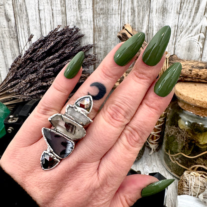 Multi Stone Pyrite Clear Quartz Garden Quartz & Dendritic Agate Ring In Fine Silver Size 8 / Foxlark Collection