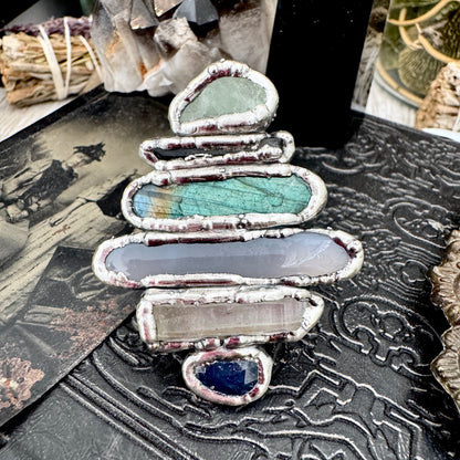 Multi Stone Amazonite Smoky Quartz Labradorite Blue Chalcedony Clear Quartz & Sapphire Ring In Fine Silver Size 9 / Foxlark Collection