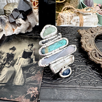 Multi Stone Amazonite Smoky Quartz Labradorite Blue Chalcedony Clear Quartz & Sapphire Ring In Fine Silver Size 9 / Foxlark Collection