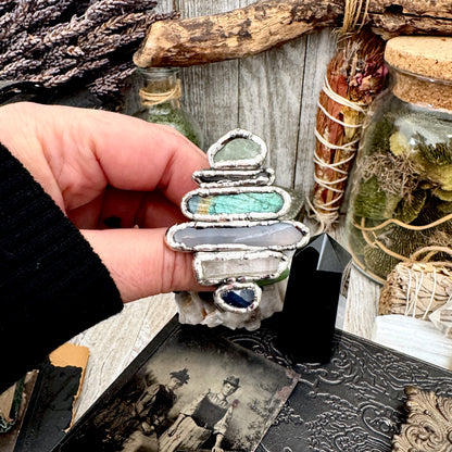 Multi Stone Amazonite Smoky Quartz Labradorite Blue Chalcedony Clear Quartz & Sapphire Ring In Fine Silver Size 9 / Foxlark Collection