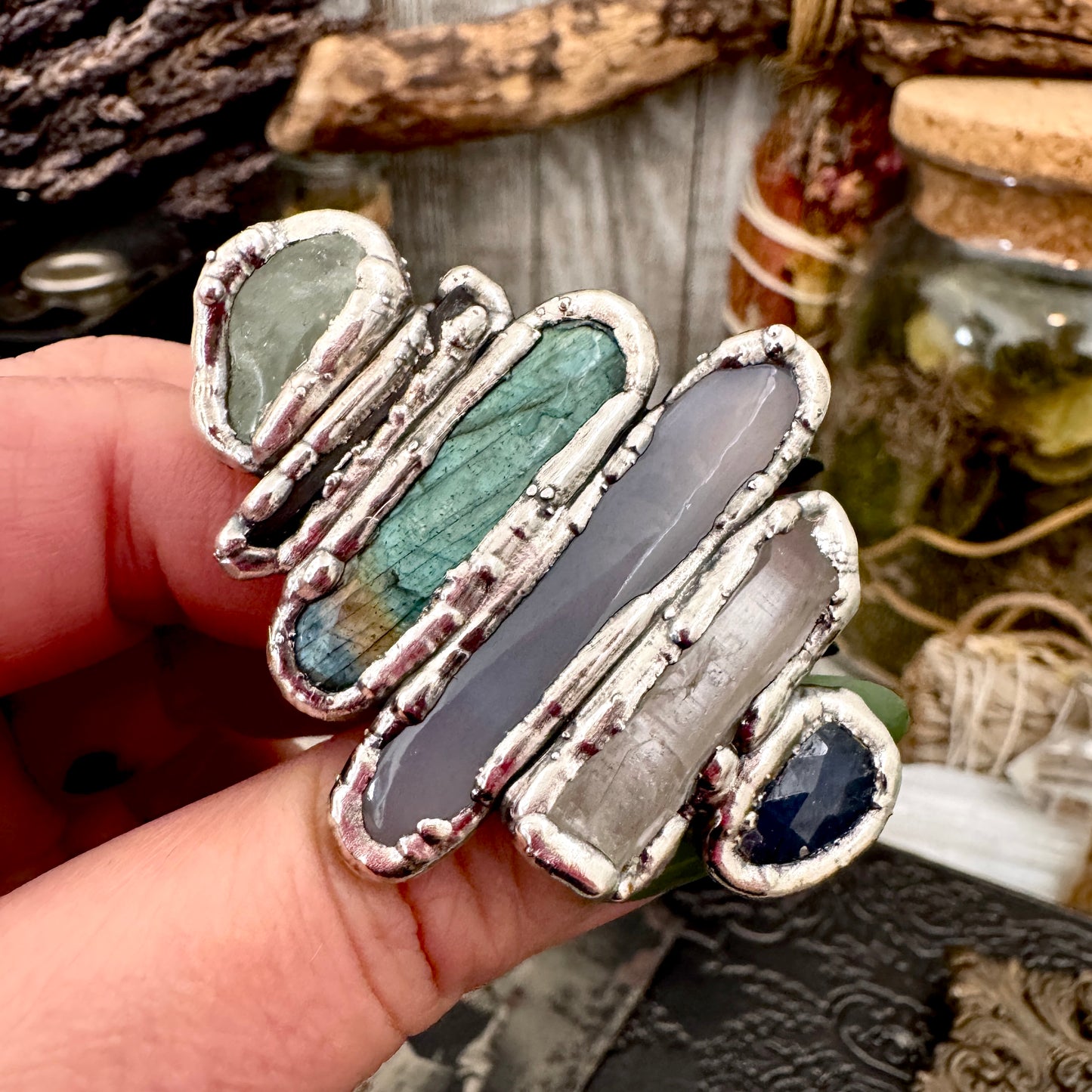 Multi Stone Amazonite Smoky Quartz Labradorite Blue Chalcedony Clear Quartz & Sapphire Ring In Fine Silver Size 9 / Foxlark Collection