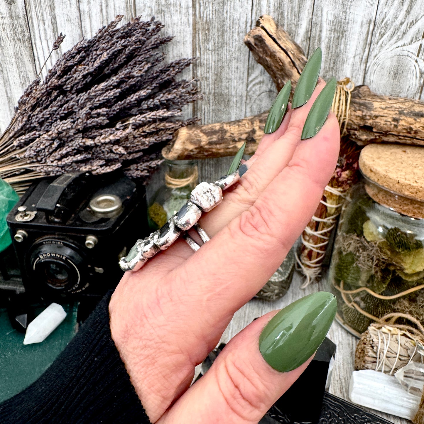 Multi Stone Amazonite Smoky Quartz Labradorite Blue Chalcedony Clear Quartz & Sapphire Ring In Fine Silver Size 9 / Foxlark Collection
