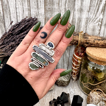 Multi Stone Amazonite Smoky Quartz Labradorite Blue Chalcedony Clear Quartz & Sapphire Ring In Fine Silver Size 9 / Foxlark Collection