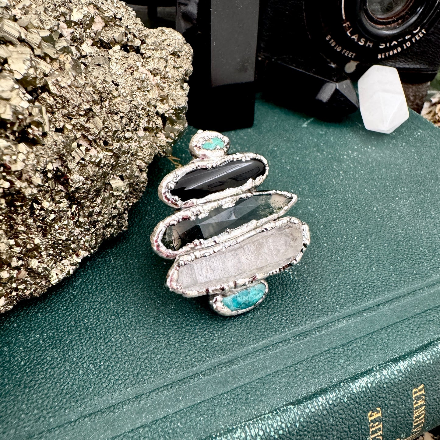 Multi Stone Turquoise Black Onyx Moss Agate & Clear Quartz Ring In Fine Silver Size 8 / Foxlark Collection