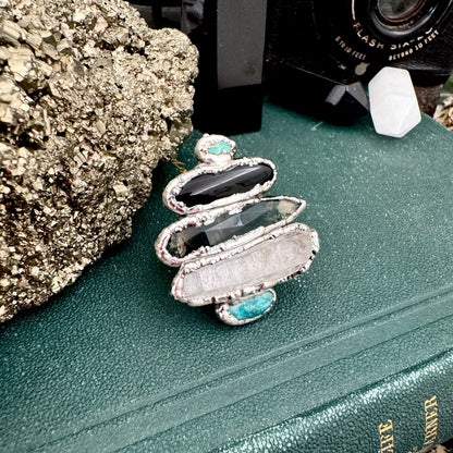 Multi Stone Turquoise Black Onyx Moss Agate & Clear Quartz Ring In Fine Silver Size 8 / Foxlark Collection