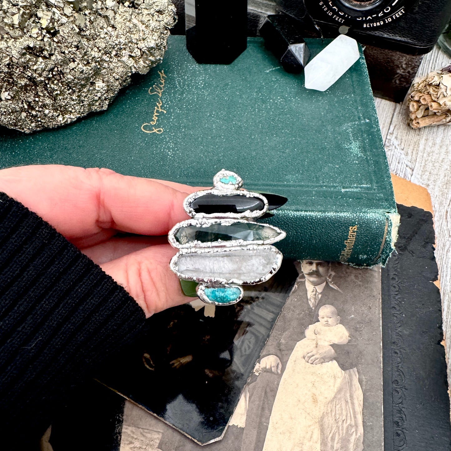 Multi Stone Turquoise Black Onyx Moss Agate & Clear Quartz Ring In Fine Silver Size 8 / Foxlark Collection