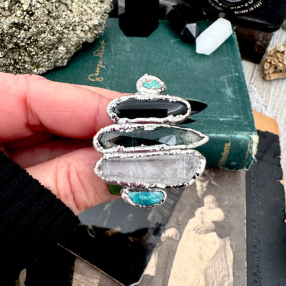 Multi Stone Turquoise Black Onyx Moss Agate & Clear Quartz Ring In Fine Silver Size 8 / Foxlark Collection