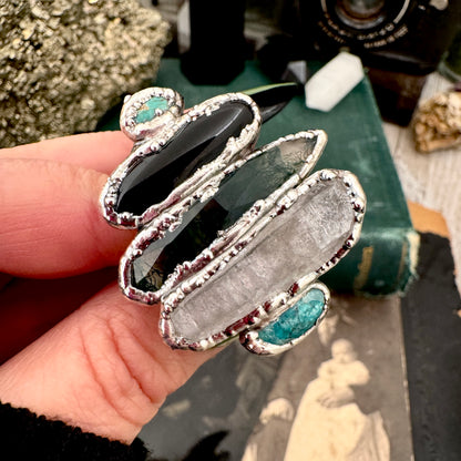 Multi Stone Turquoise Black Onyx Moss Agate & Clear Quartz Ring In Fine Silver Size 8 / Foxlark Collection