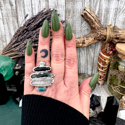 Multi Stone Turquoise Black Onyx Moss Agate & Clear Quartz Ring In Fine Silver Size 8 / Foxlark Collection