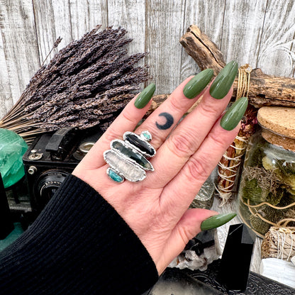 Multi Stone Turquoise Black Onyx Moss Agate & Clear Quartz Ring In Fine Silver Size 8 / Foxlark Collection