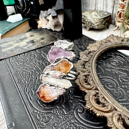 Multi Stone Clear Quartz Amethyst & Citrine Ring In Fine Silver Size 9 / Foxlark Collection