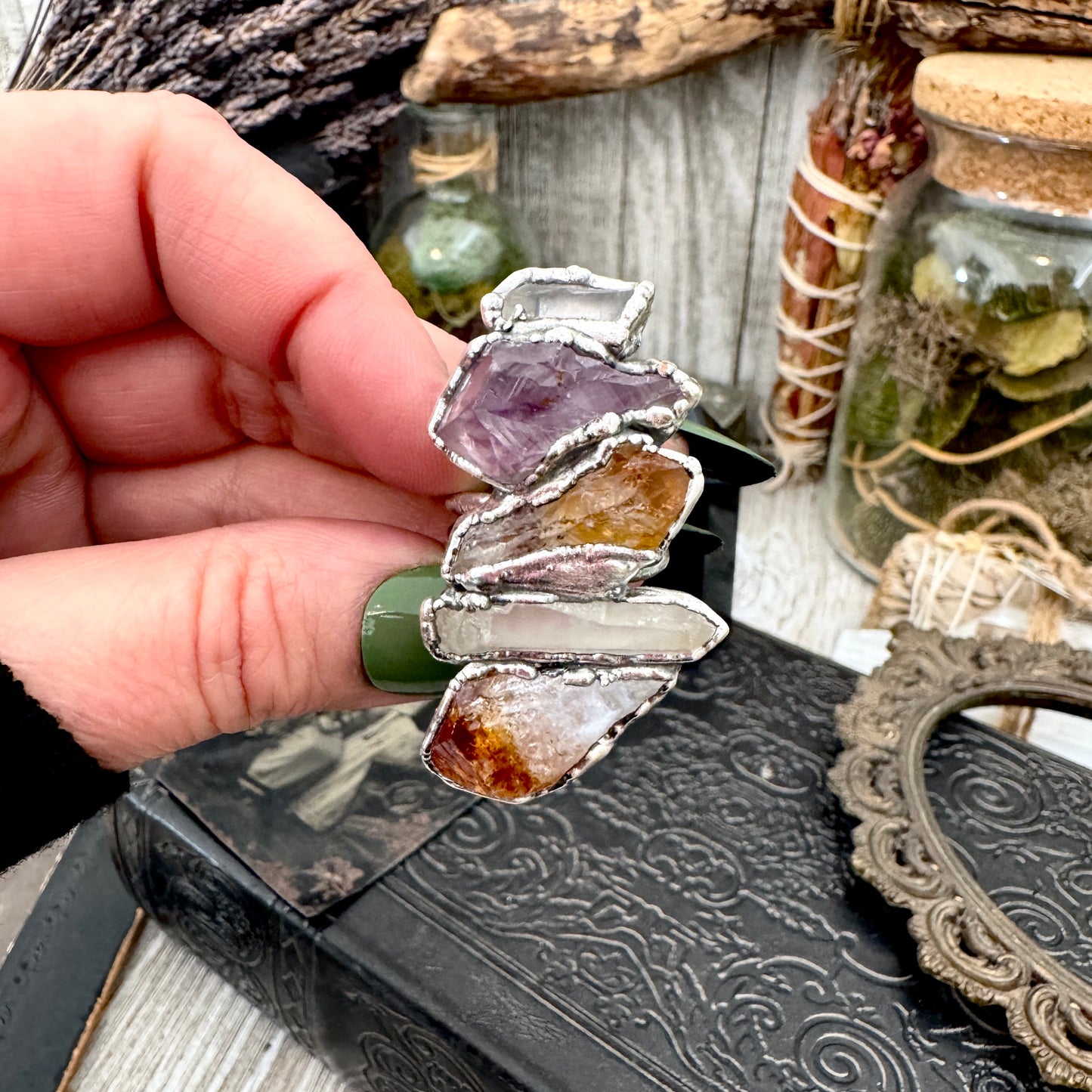 Multi Stone Clear Quartz Amethyst & Citrine Ring In Fine Silver Size 9 / Foxlark Collection
