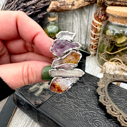 Multi Stone Clear Quartz Amethyst & Citrine Ring In Fine Silver Size 9 / Foxlark Collection