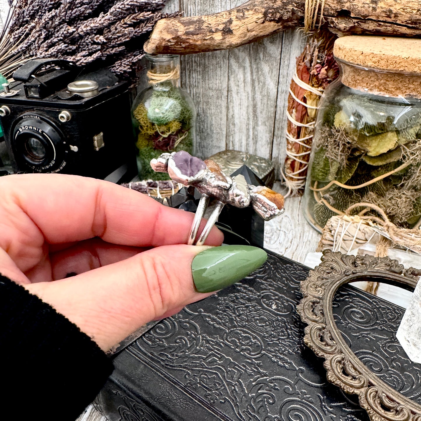 Multi Stone Clear Quartz Amethyst & Citrine Ring In Fine Silver Size 9 / Foxlark Collection