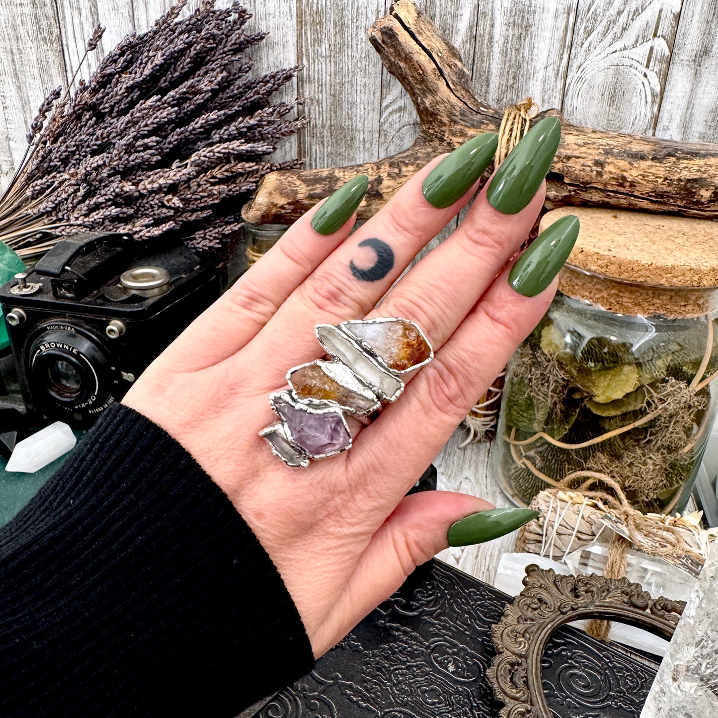 Multi Stone Clear Quartz Amethyst & Citrine Ring In Fine Silver Size 9 / Foxlark Collection