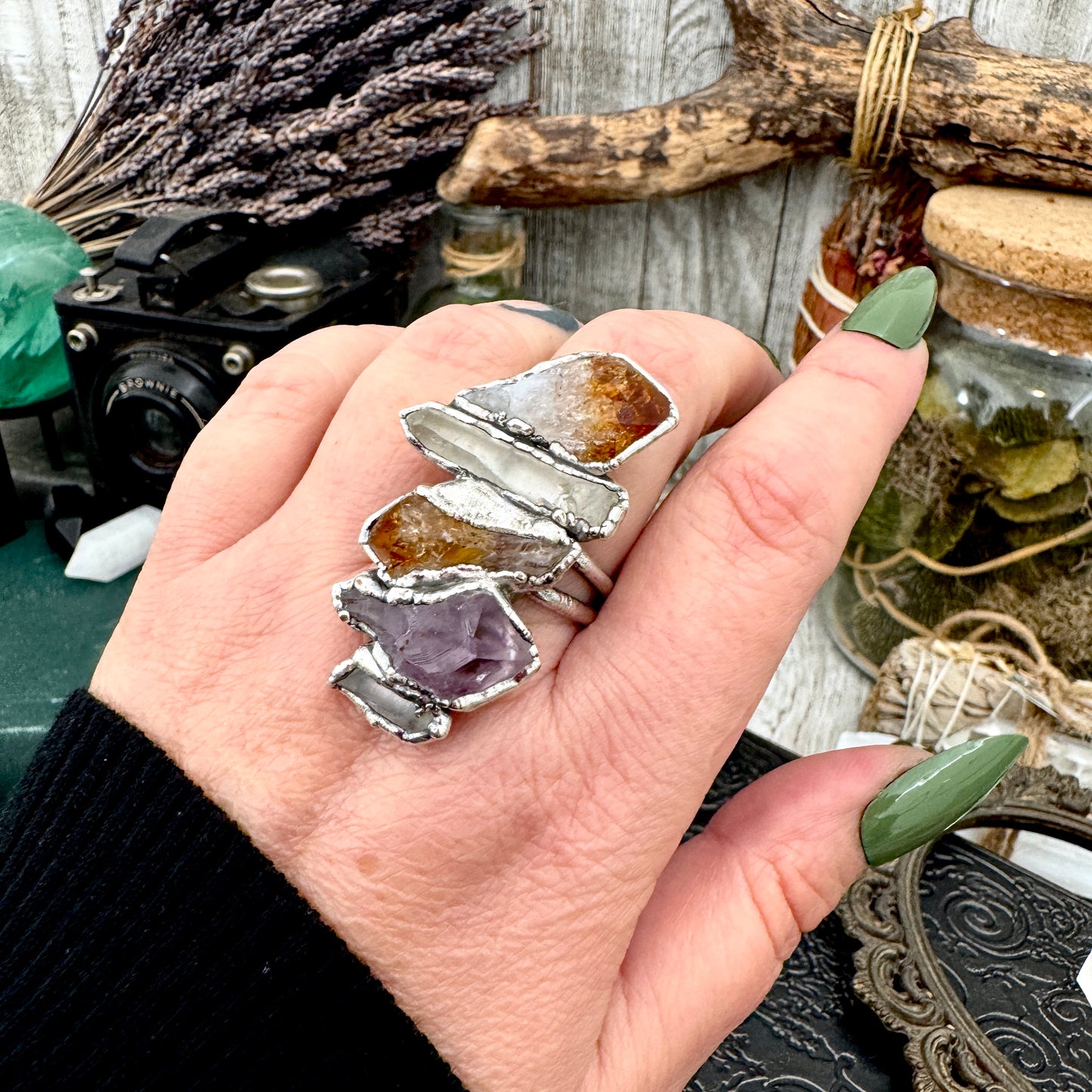 Multi Stone Clear Quartz Amethyst & Citrine Ring In Fine Silver Size 9 / Foxlark Collection