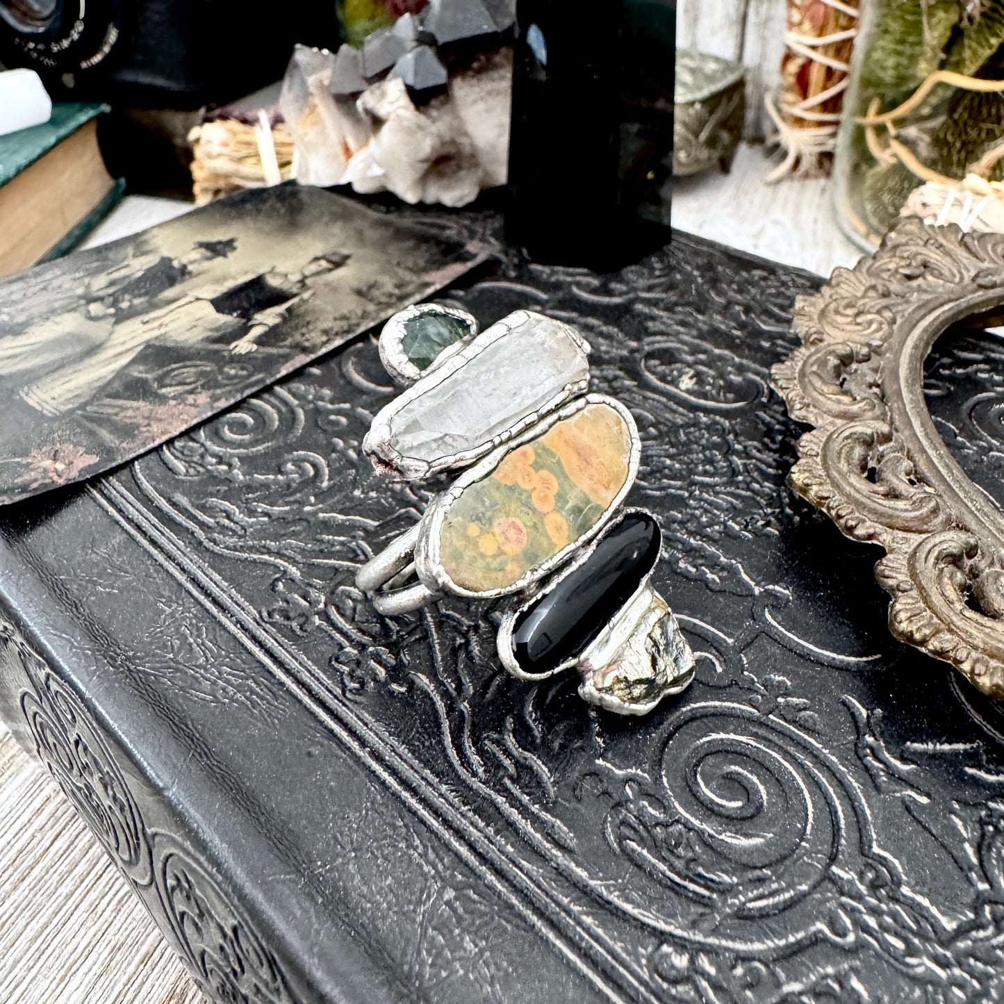 Multi Stone Moss Agate Clear Quartz Ocean Jasper Black Onyx & Pyrite Ring In Fine Silver Size 8 / Foxlark Collection