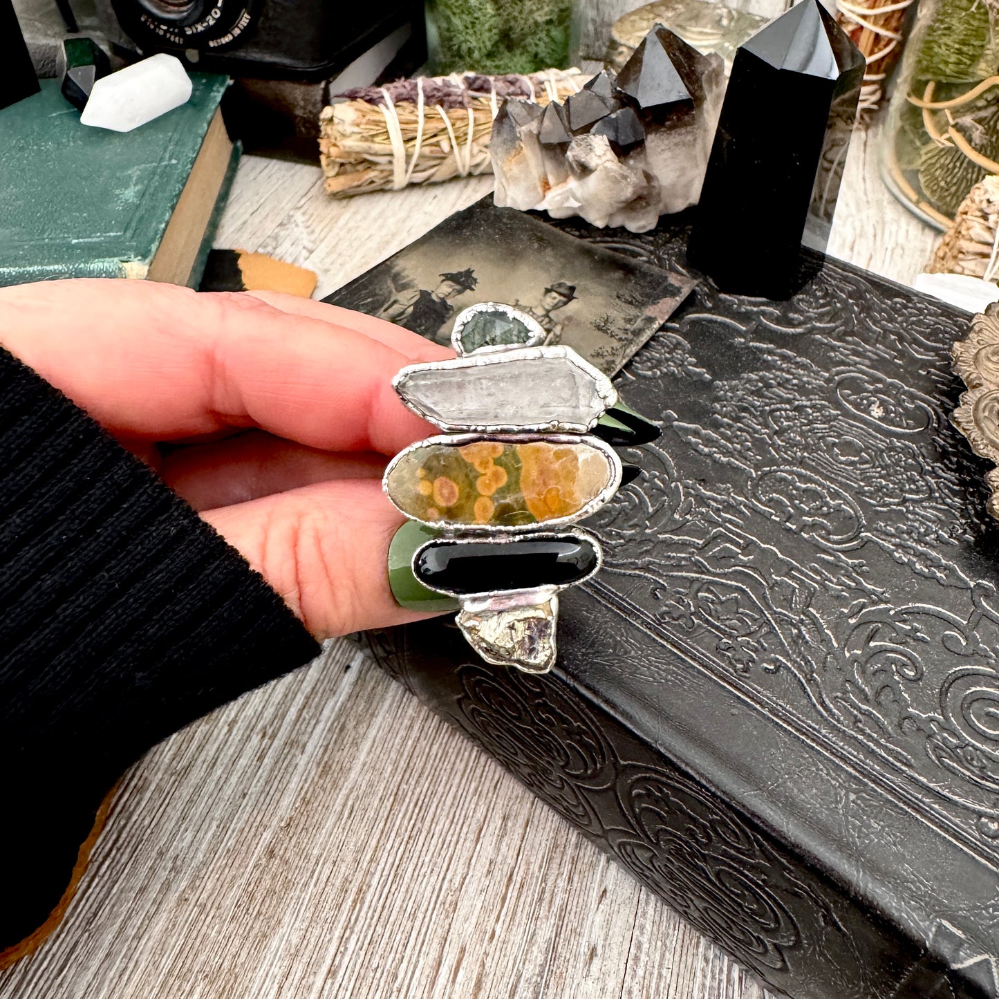 Multi Stone Moss Agate Clear Quartz Ocean Jasper Black Onyx & Pyrite Ring In Fine Silver Size 8 / Foxlark Collection