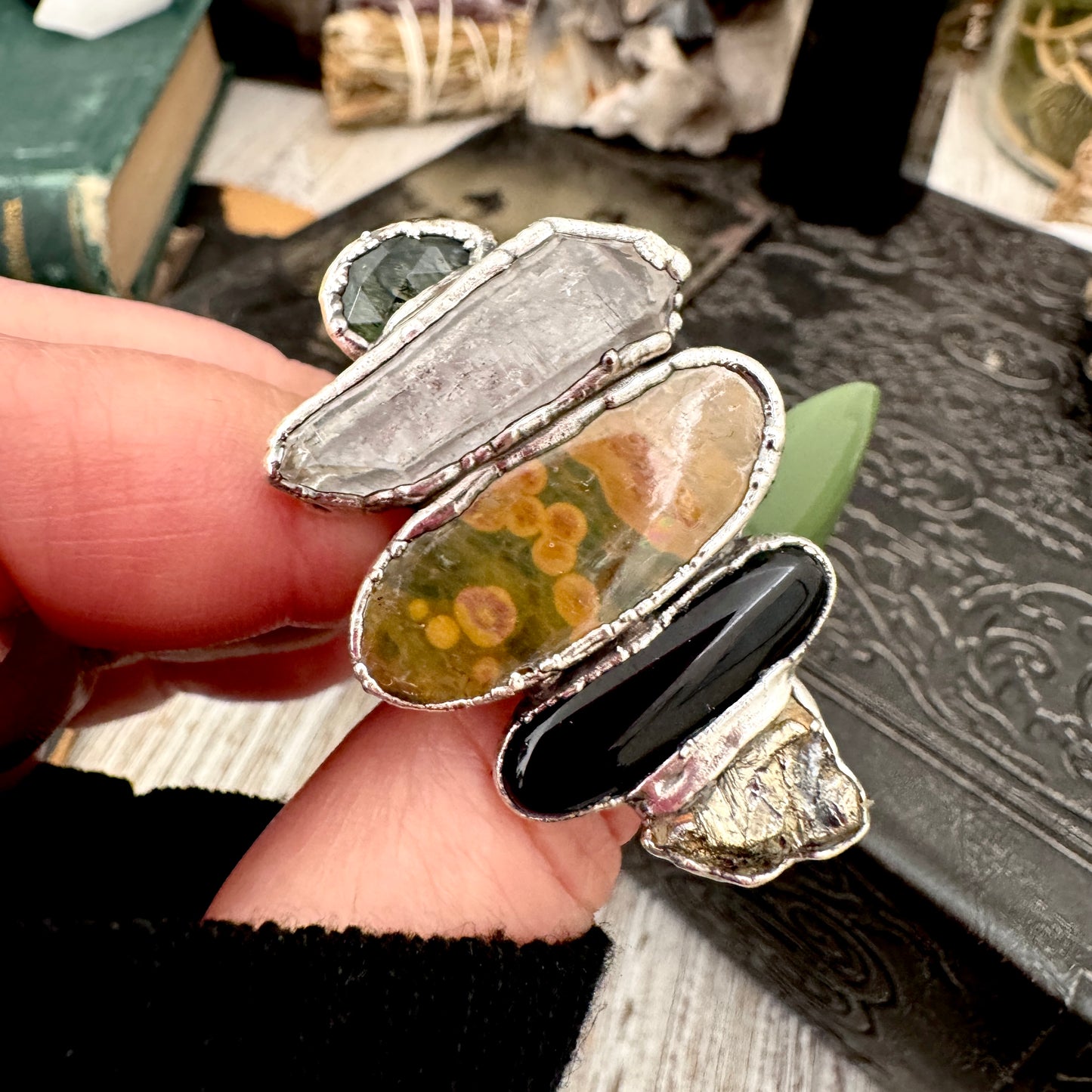 Multi Stone Moss Agate Clear Quartz Ocean Jasper Black Onyx & Pyrite Ring In Fine Silver Size 8 / Foxlark Collection