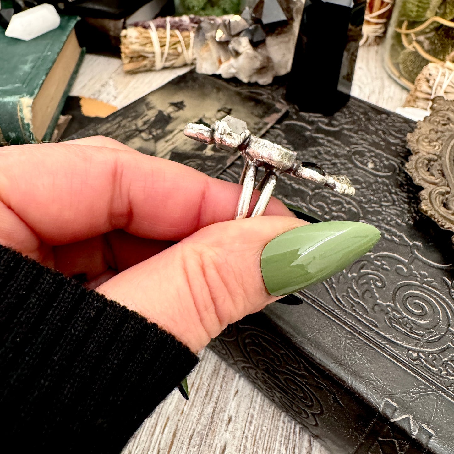 Multi Stone Moss Agate Clear Quartz Ocean Jasper Black Onyx & Pyrite Ring In Fine Silver Size 8 / Foxlark Collection