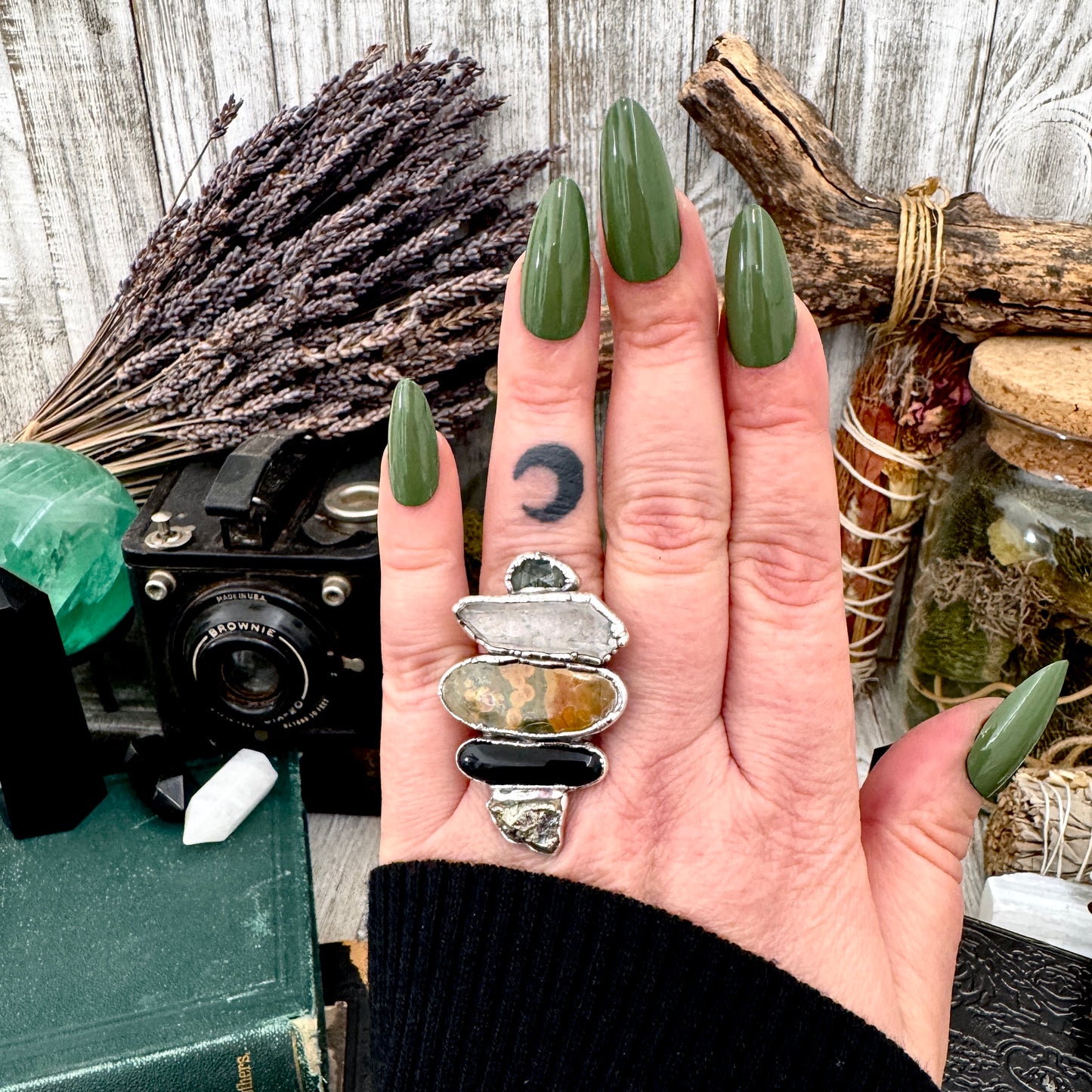 Multi Stone Moss Agate Clear Quartz Ocean Jasper Black Onyx & Pyrite Ring In Fine Silver Size 8 / Foxlark Collection