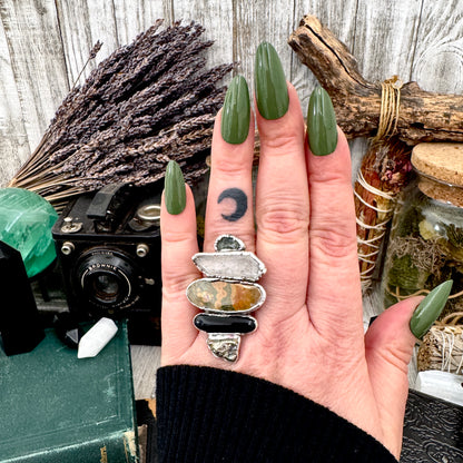 Multi Stone Moss Agate Clear Quartz Ocean Jasper Black Onyx & Pyrite Ring In Fine Silver Size 8 / Foxlark Collection