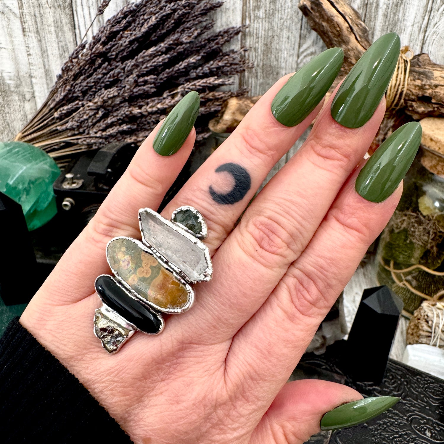 Multi Stone Moss Agate Clear Quartz Ocean Jasper Black Onyx & Pyrite Ring In Fine Silver Size 8 / Foxlark Collection FOXLARK