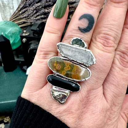 Multi Stone Moss Agate Clear Quartz Ocean Jasper Black Onyx & Pyrite Ring In Fine Silver Size 8 / Foxlark Collection