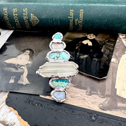 Multi Stone Turquoise Rainbow Moonstone & Clear Quartz Ring In Fine Silver Size 8 / Foxlark Collection