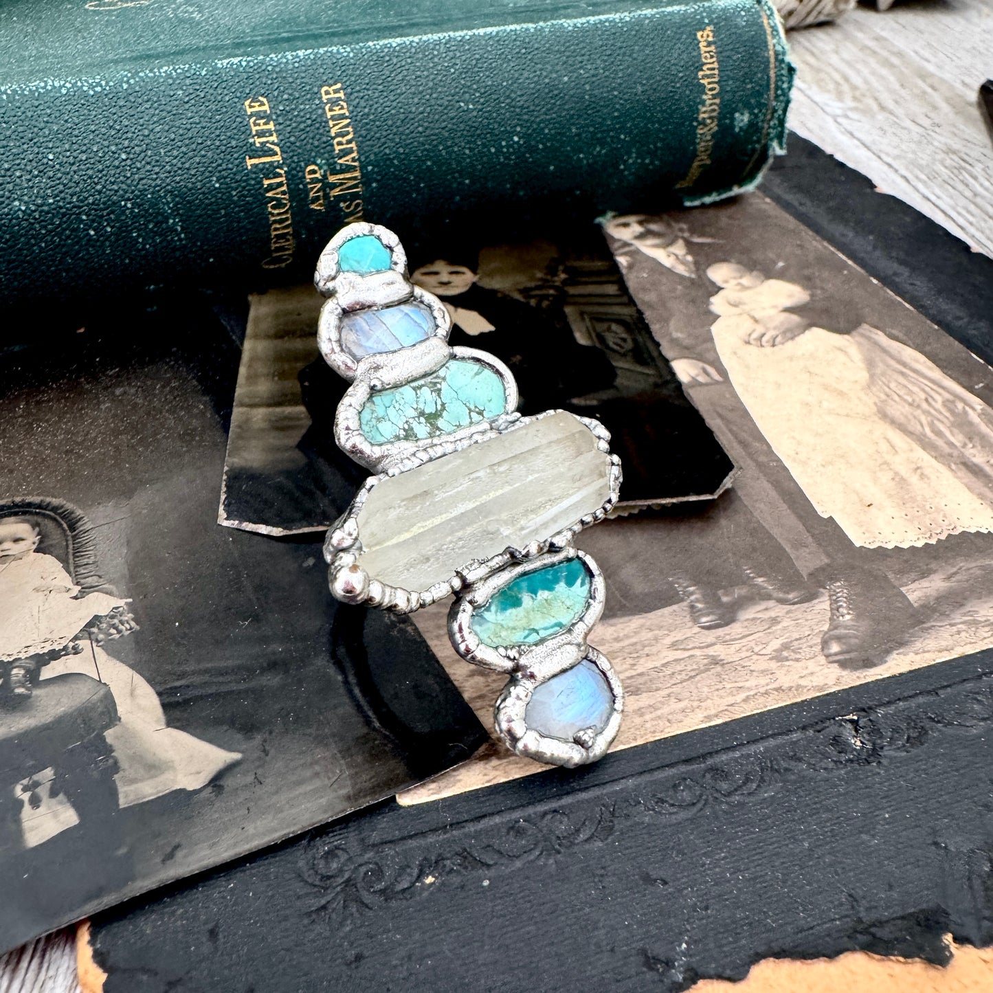 Multi Stone Turquoise Rainbow Moonstone & Clear Quartz Ring In Fine Silver Size 8 / Foxlark Collection